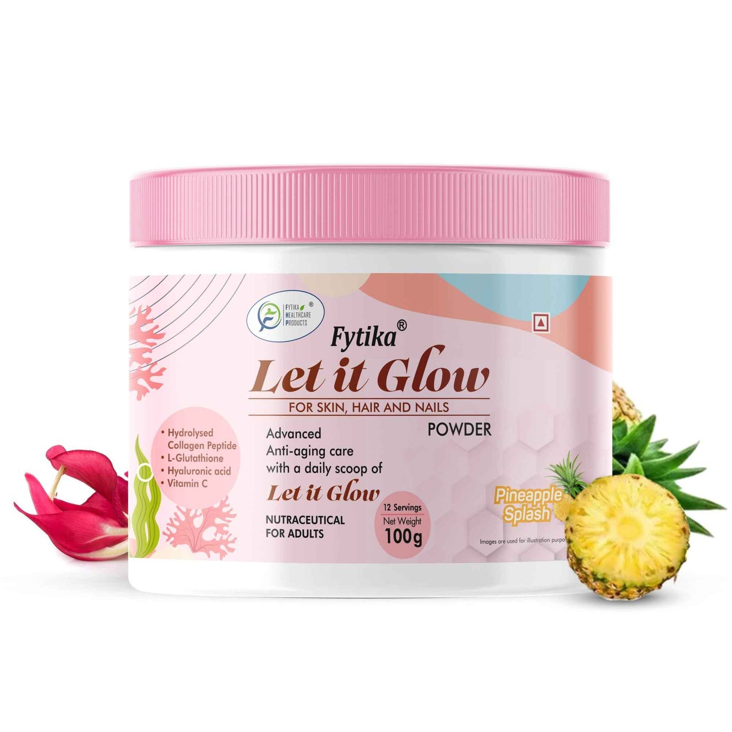 🎁 Fytika Let it Glow Collagen Powder - Boosts Skin Radiance, Hair Health, Nail Strength, For Men, Women - Pineapple Flavor - 100 G - Pack of 1 @100 g