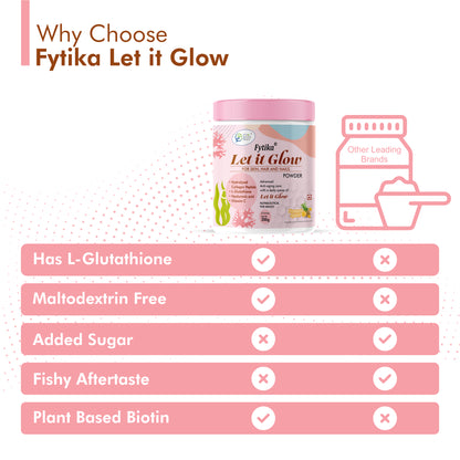 Fytika Let it Glow Collagen Powder - Boosts Skin Radiance, Hair Health, Nail Strength, For Men, Women - Pineapple Flavor - 200 G