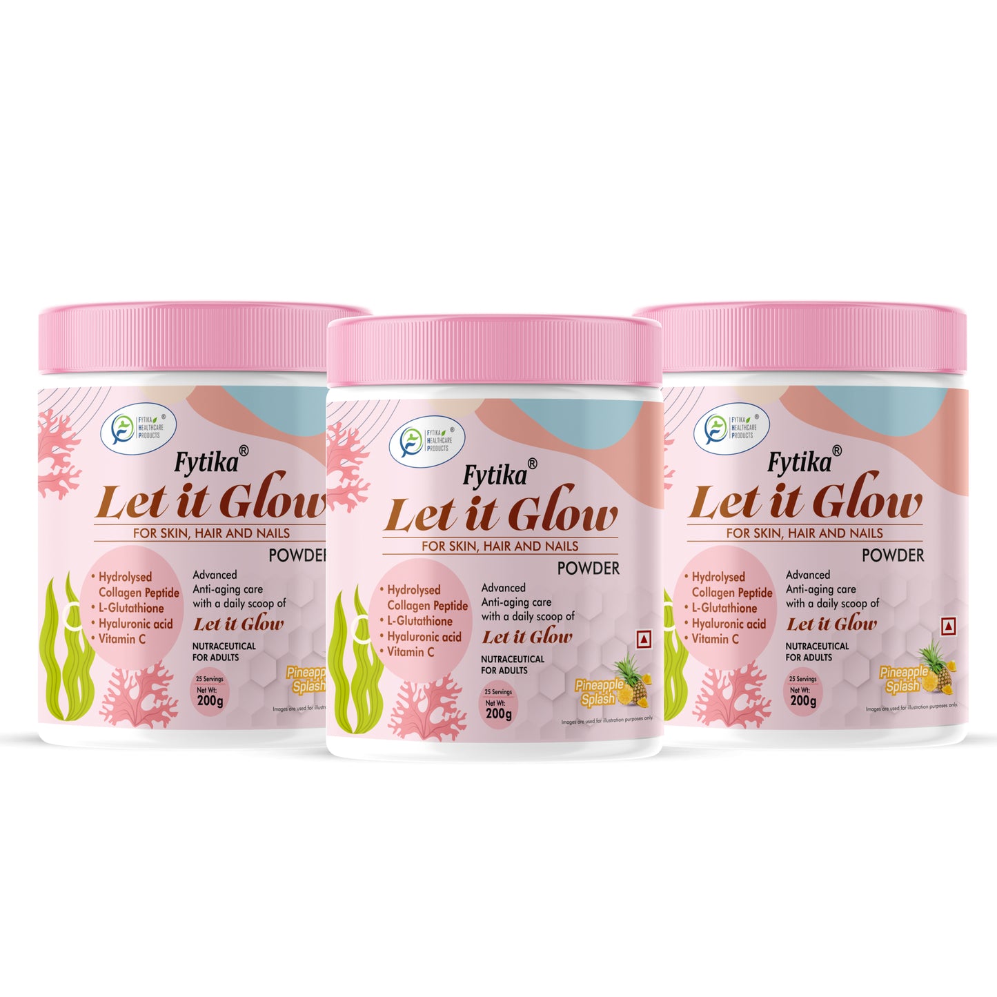 Fytika Let it Glow Collagen Powder - Boosts Skin Radiance, Hair Health, Nail Strength, For Men, Women - Pineapple Flavor - 200 G