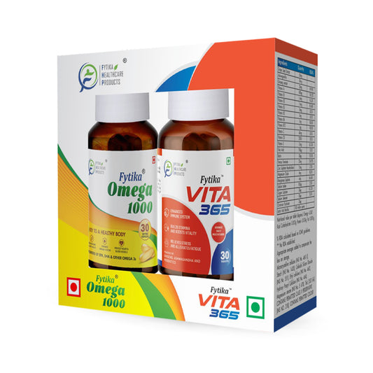 Fytika Vita 365 and Omega 1000 Combo Pack - Boosts Energy, Manages Stress, Brain, Joint, Muscle Support, Ashwagandha, Omega Fatty Acids 400 MG, For Men, Women - 30 Capsules, 30 Tablets