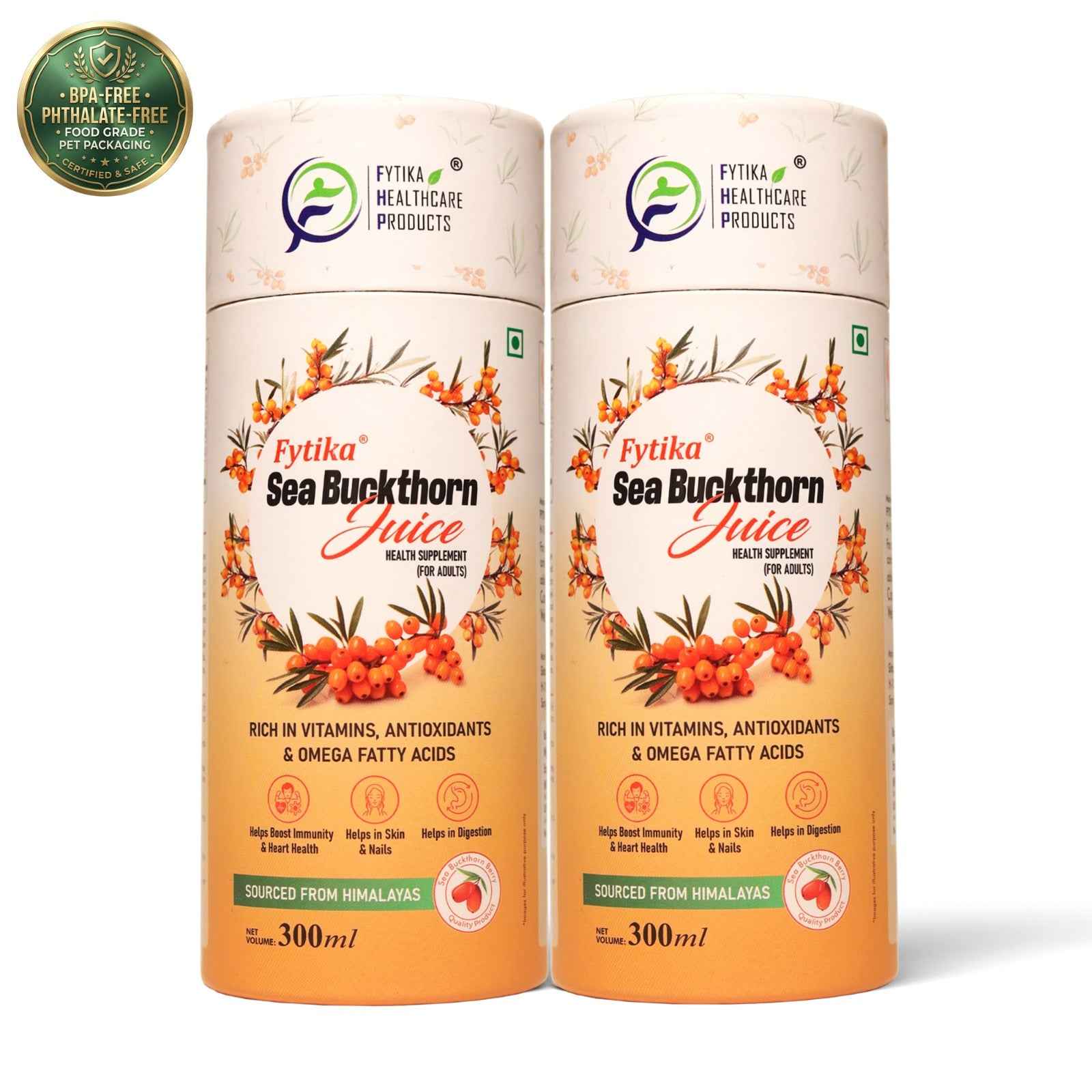 Fytika Sea Buckthorn Juice | Pack of 2 - 600 ml | Rich in Vitamin C, Omega 3, 6, 7, 9 & Antioxidants