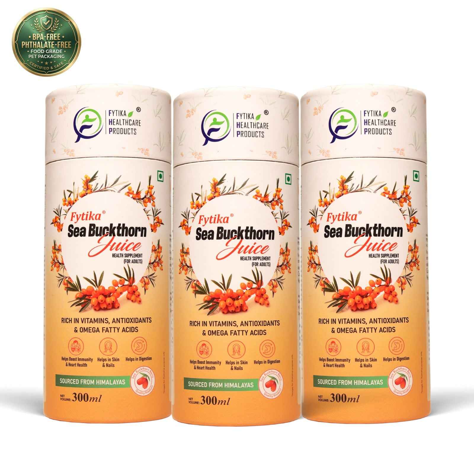 Fytika Sea Buckthorn Juice | Pack of 3 - 900 ml | Vitamin C, Omega, & Antioxidants