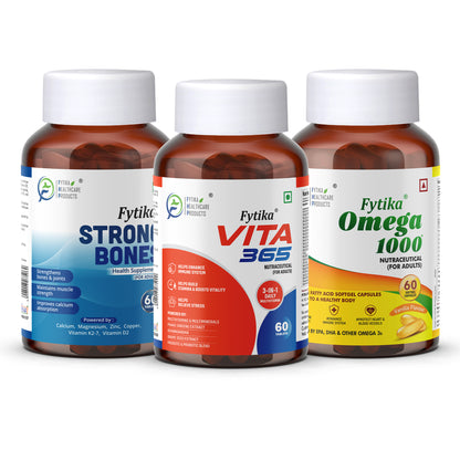Fytika Strong Bones, Vita 365 & Omega 1000 - Combo (Pack of 3) Supports Overall Health, For Men, Women - 60 Tablets Each, 60 capsules - Fytika Healthcare Products