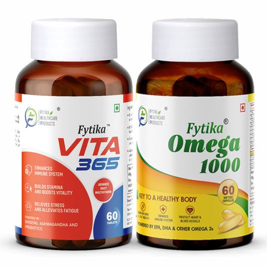 Fytika Omega 1000 and Vita 365: Energy Boost, Strengthen Body, For Men, Women - 60 Capsules, 60 Tablets