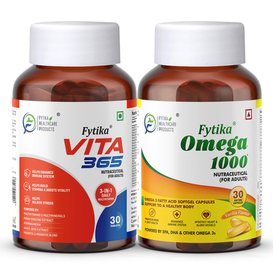 Fytika Vita 365 and Omega 1000 Combo Pack - Boosts Energy, Manages Stress, Brain, Joint, Muscle Support, Ashwagandha, Omega Fatty Acids 400 MG, For Men, Women - 30 Capsules, 30 Tablets