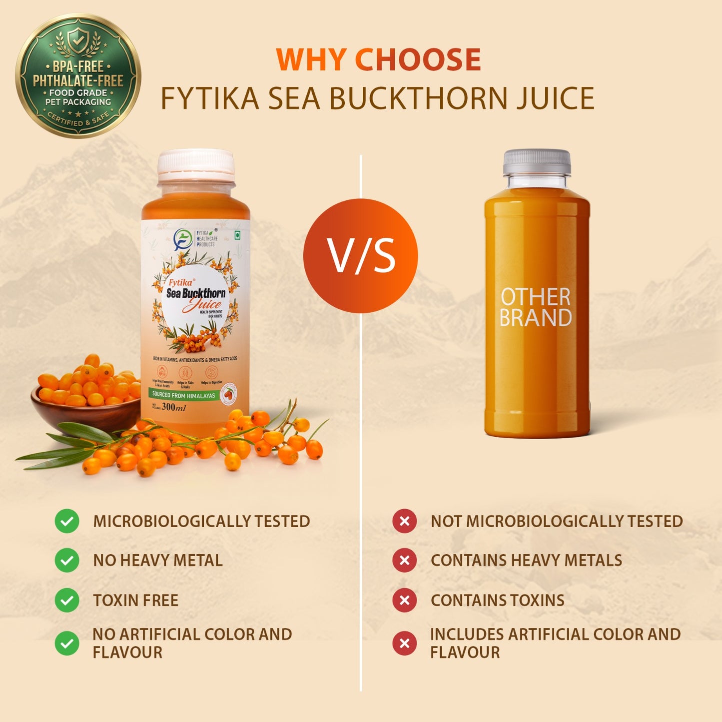 Fytika Sea Buckthorn Juice | Pulp Concentrate 300 ml Made for Your Total Body Care & Wellness | Rich in Vitamin C, Omega 3, 6, 7, 9 & Antioxidants | For Men & Women | 300 ml