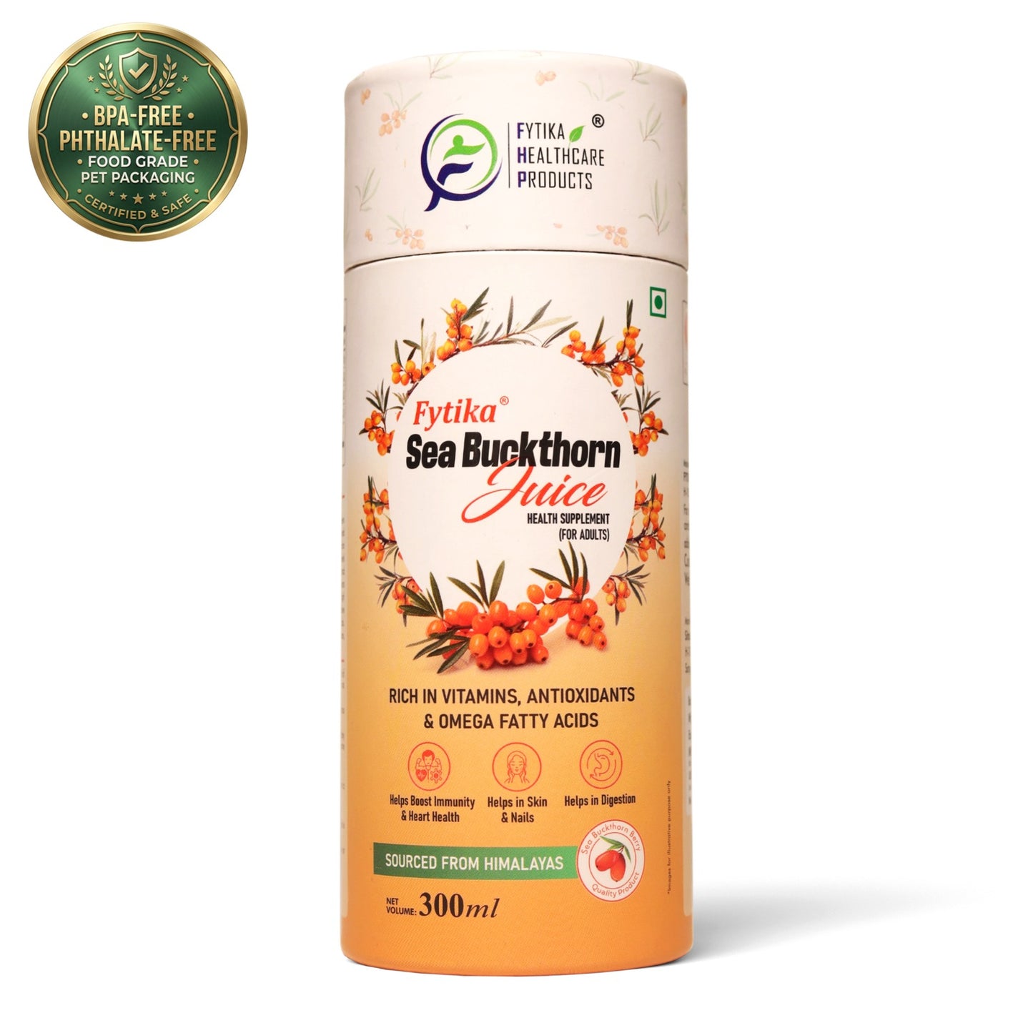 Fytika Sea Buckthorn Juice | Pulp Concentrate 300 ml Made for Your Total Body Care & Wellness | Rich in Vitamin C, Omega 3, 6, 7, 9 & Antioxidants | For Men & Women | 300 ml
