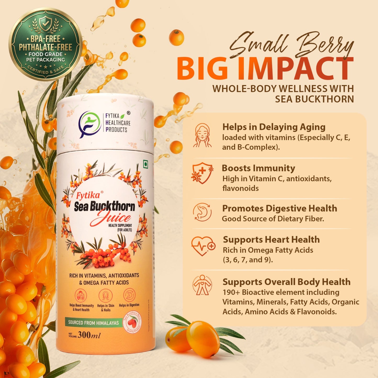 Fytika Sea Buckthorn Juice | Pulp Concentrate 300 ml Made for Your Total Body Care & Wellness | Rich in Vitamin C, Omega 3, 6, 7, 9 & Antioxidants | For Men & Women | 300 ml