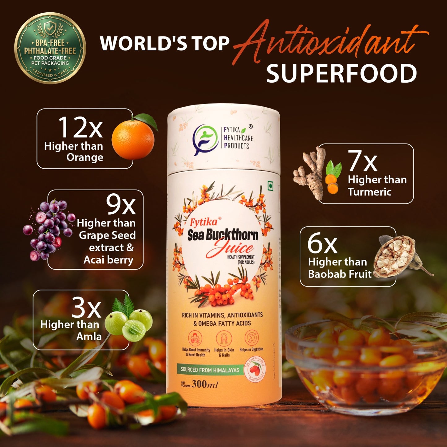 Fytika Sea Buckthorn Juice | Pack of 3 - 900 ml | Vitamin C, Omega, & Antioxidants