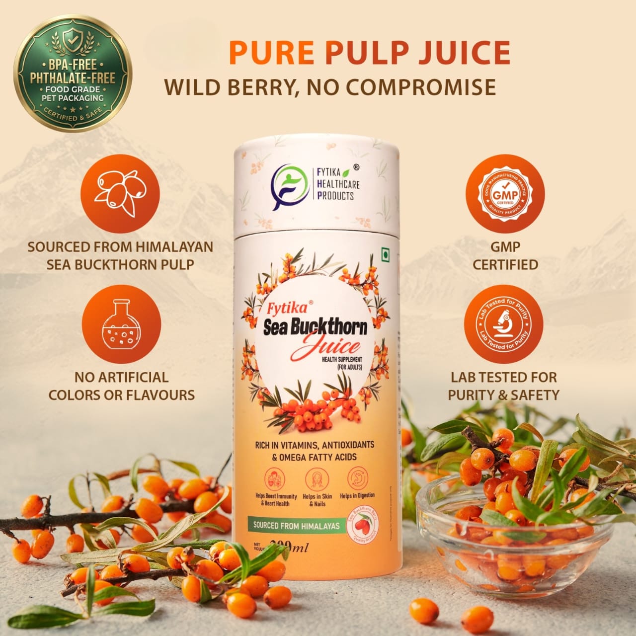 Fytika Sea Buckthorn Juice | Pulp Concentrate 300 ml Made for Your Total Body Care & Wellness | Rich in Vitamin C, Omega 3, 6, 7, 9 & Antioxidants | For Men & Women | 300 ml