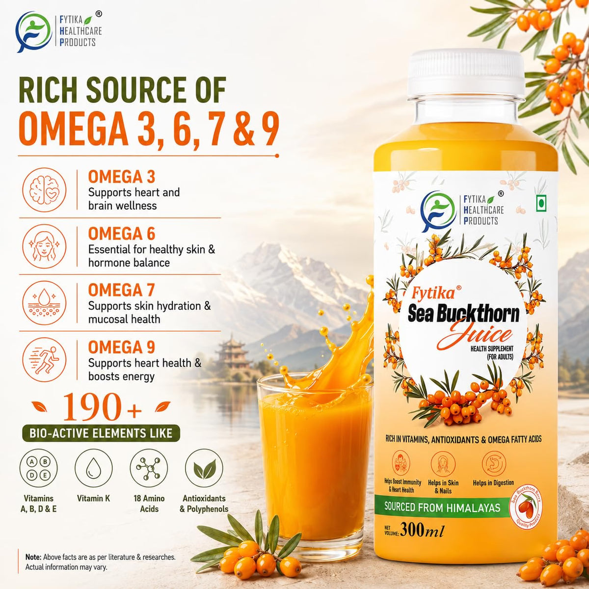 Fytika Sea Buckthorn Juice | Pack of 2 - 600 ml | Rich in Vitamin C, Omega 3, 6, 7, 9 & Antioxidants