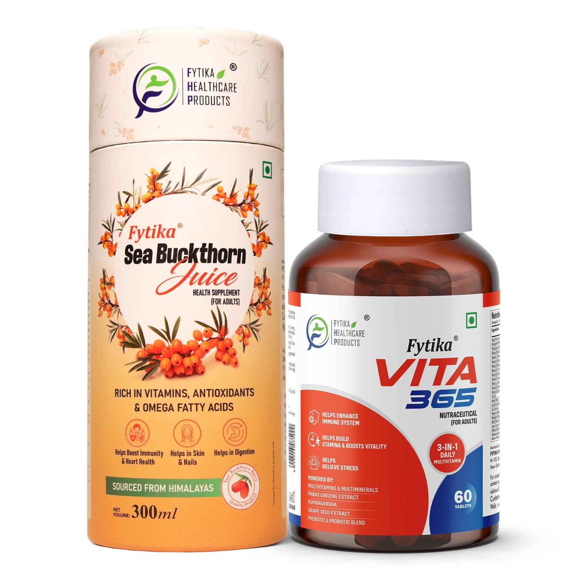 Fytika Sea Buckthorn Juice with Vita 365 Tablets – Daily Wellness Combo for Immunity, Energy, Skin Health & Overall Vitality