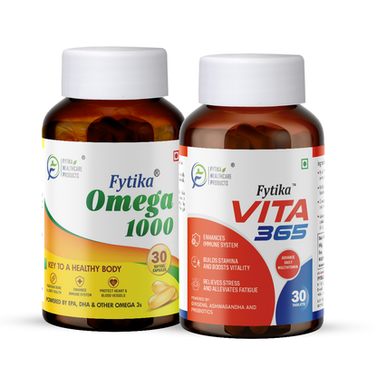 Fytika Vita 365 and Omega 1000 Combo Pack - Boosts Energy, Manages Stress, Brain, Joint, Muscle Support, Ashwagandha, Omega Fatty Acids 400 MG, For Men, Women - 30 Capsules, 30 Tablets