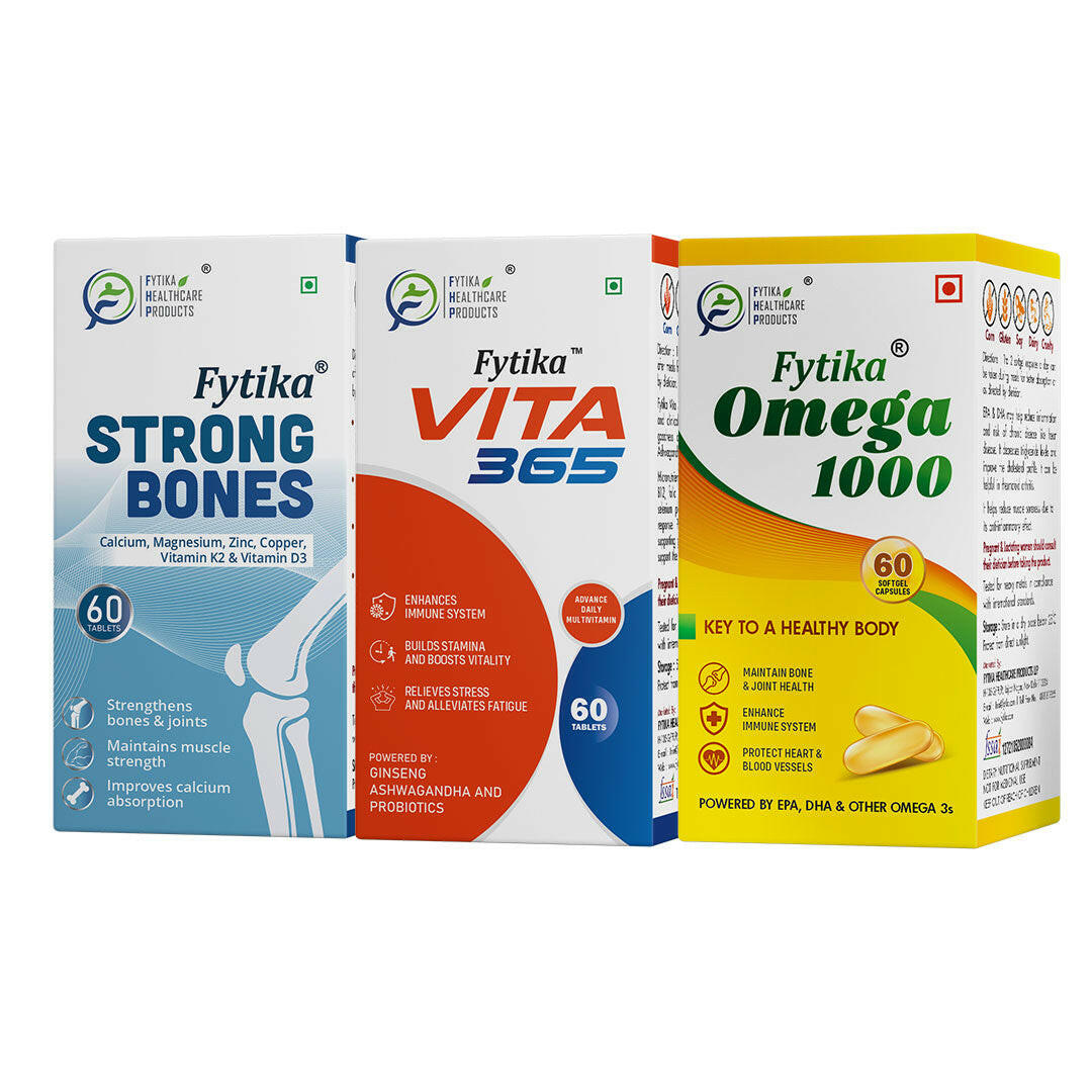 Fytika Strong Bones, Vita 365 and Omega 1000 ( Pack of 3 ) Supports Overall Health, For Men, Women - 60 Tablets Each, 60 capsules